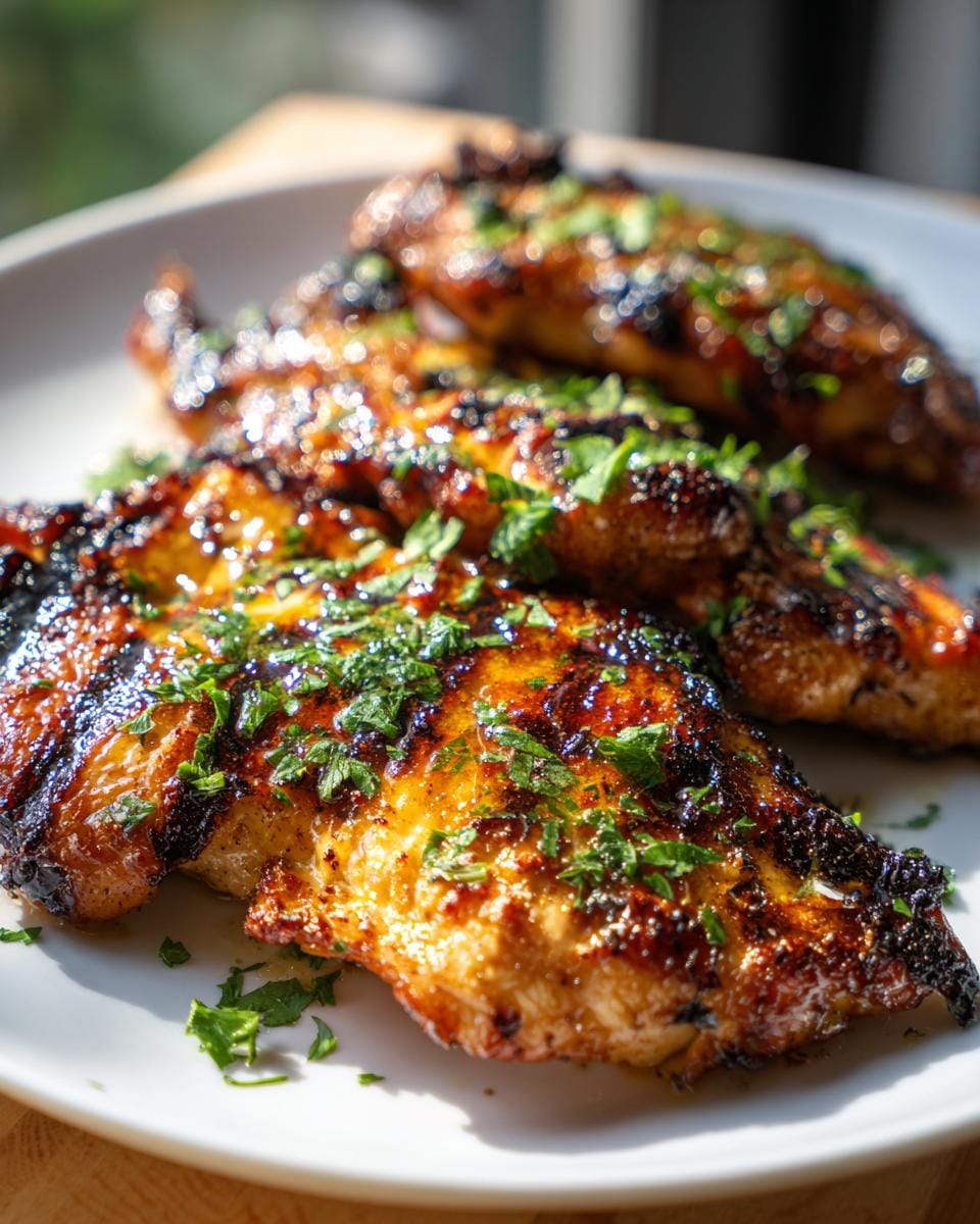 Close-up of juicy Blackstone Chicken Breasts, grilled to perfection and sprinkled with fresh parsley.