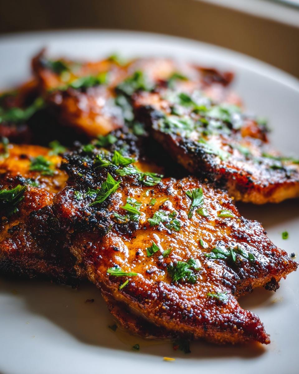 Close-up of juicy Blackstone Chicken Breasts seasoned and garnished with fresh parsley.