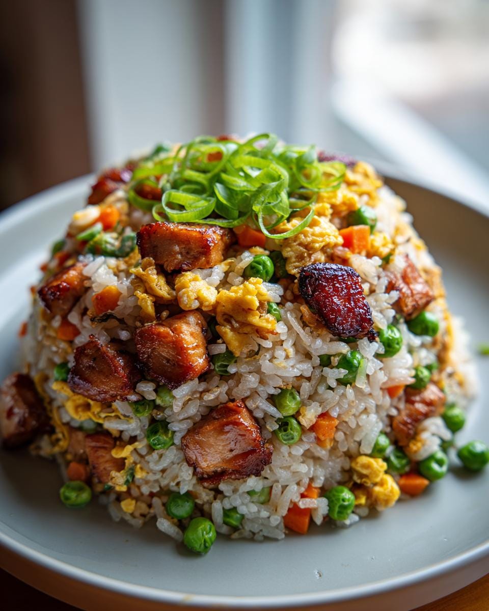 A mound of Blackstone Chicken Fried Rice topped with green onions, featuring chicken pieces, scrambled eggs, peas, and carrots.