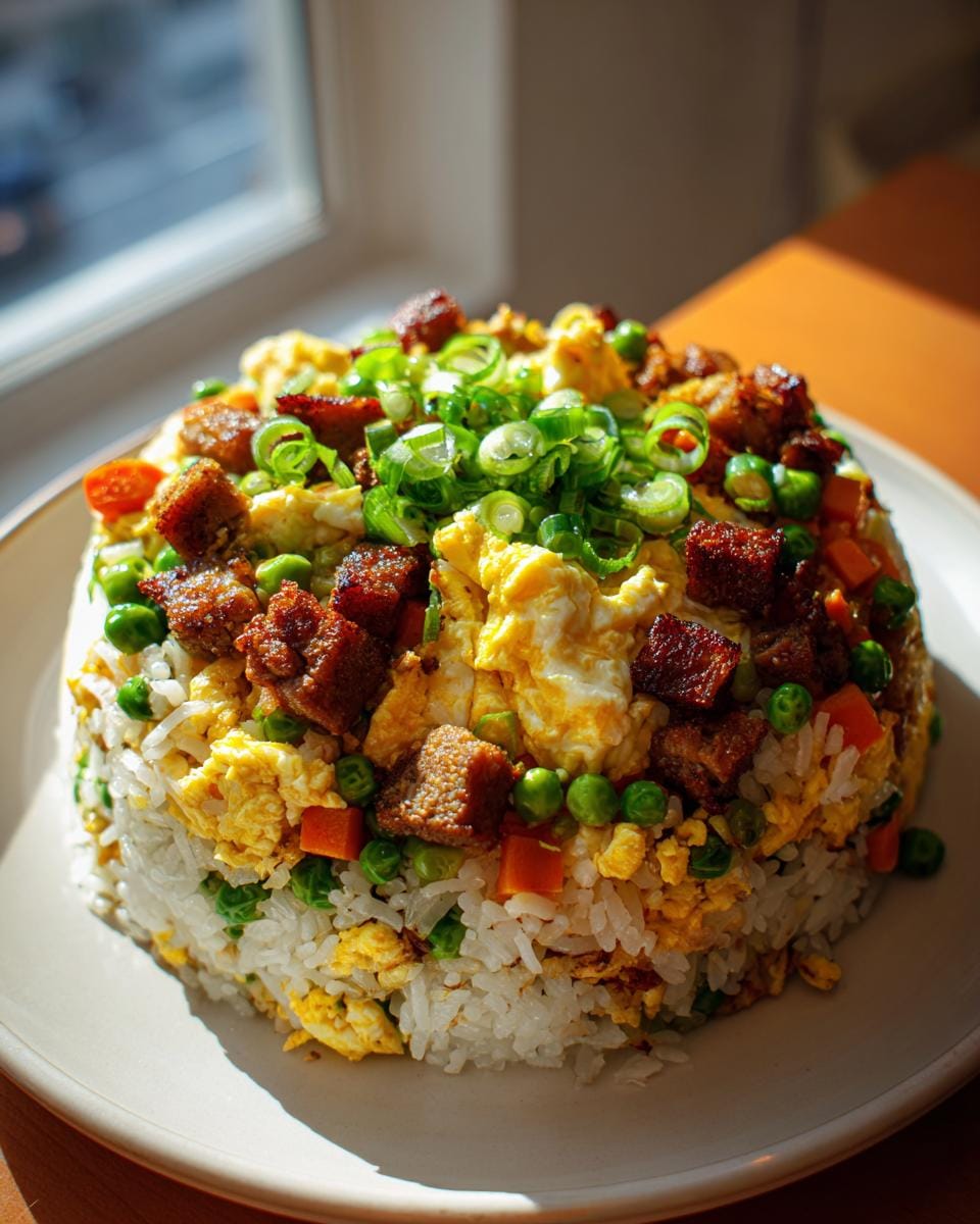 A tall mound of Blackstone Chicken Fried Rice, topped with scrambled eggs, chicken pieces, peas, carrots, and green onions.
