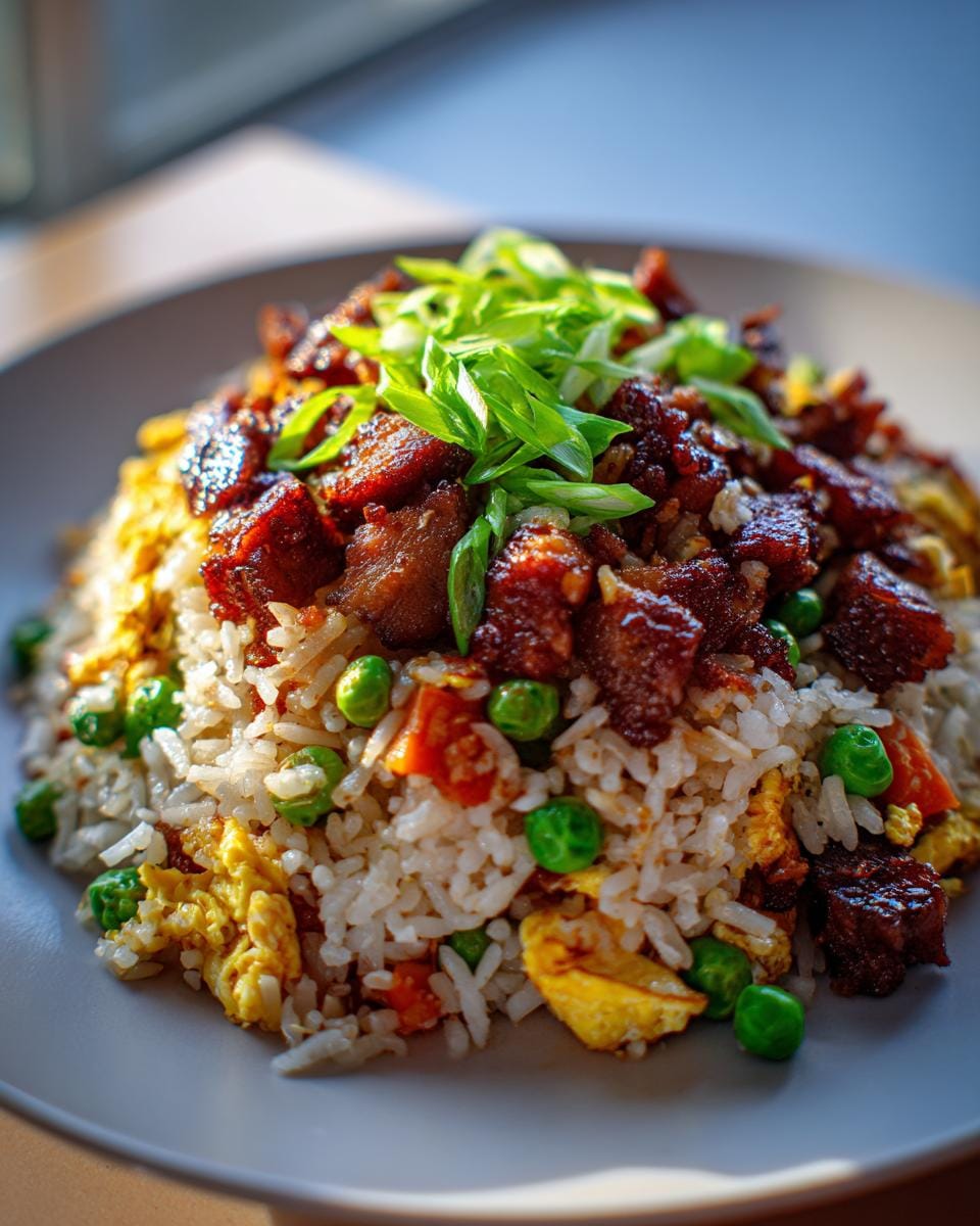 A close-up of Blackstone Chicken Fried Rice piled high with tender chicken pieces and garnished with fresh green onions.
