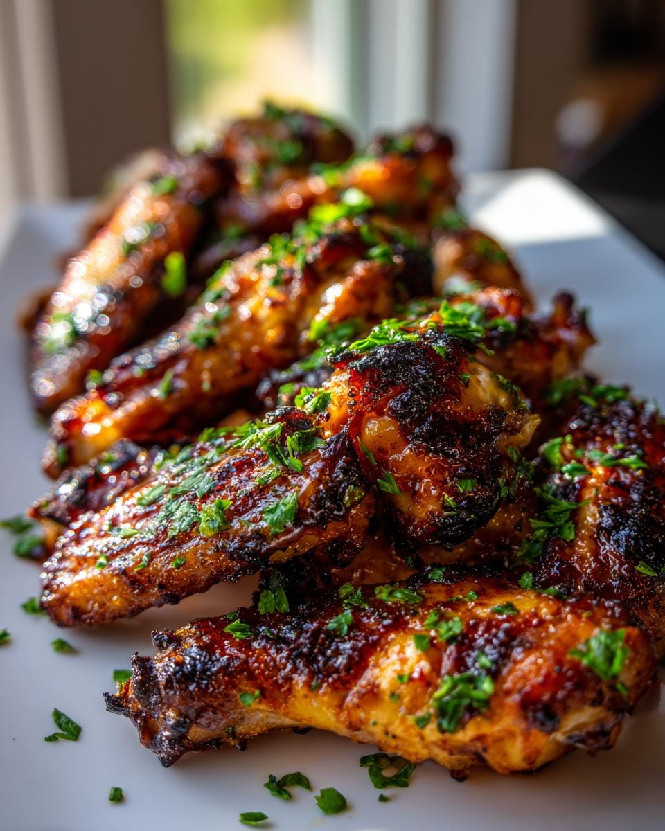 A close-up of a pile of golden-brown Blackstone Chicken Wings, sprinkled with fresh chopped parsley.