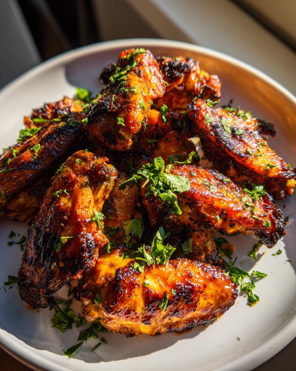 A close-up of a plate piled high with golden-brown Blackstone Chicken Wings, garnished with fresh parsley.