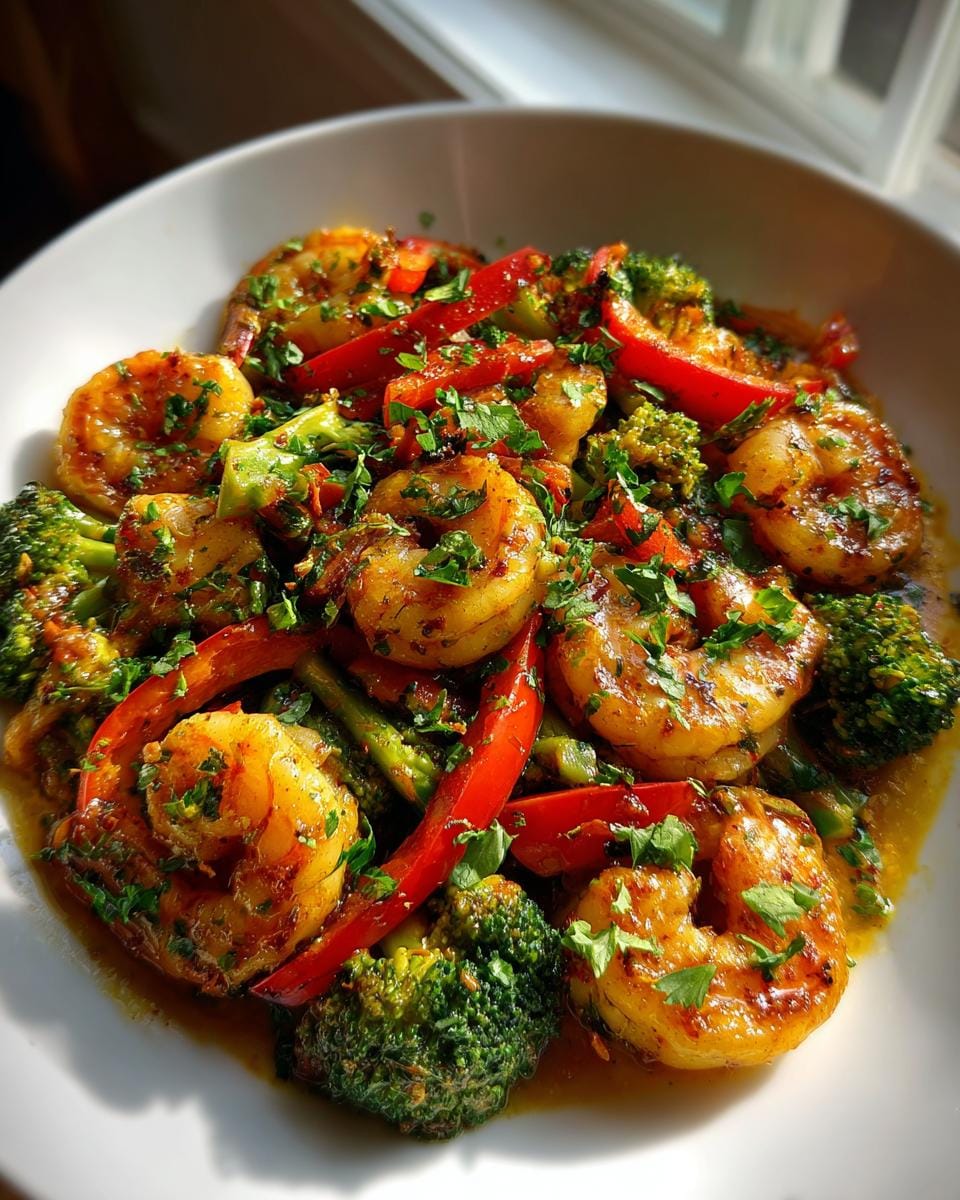 Close-up of Blackstone Garlic Butter Shrimp Stir Fry with broccoli, red peppers, and parsley.