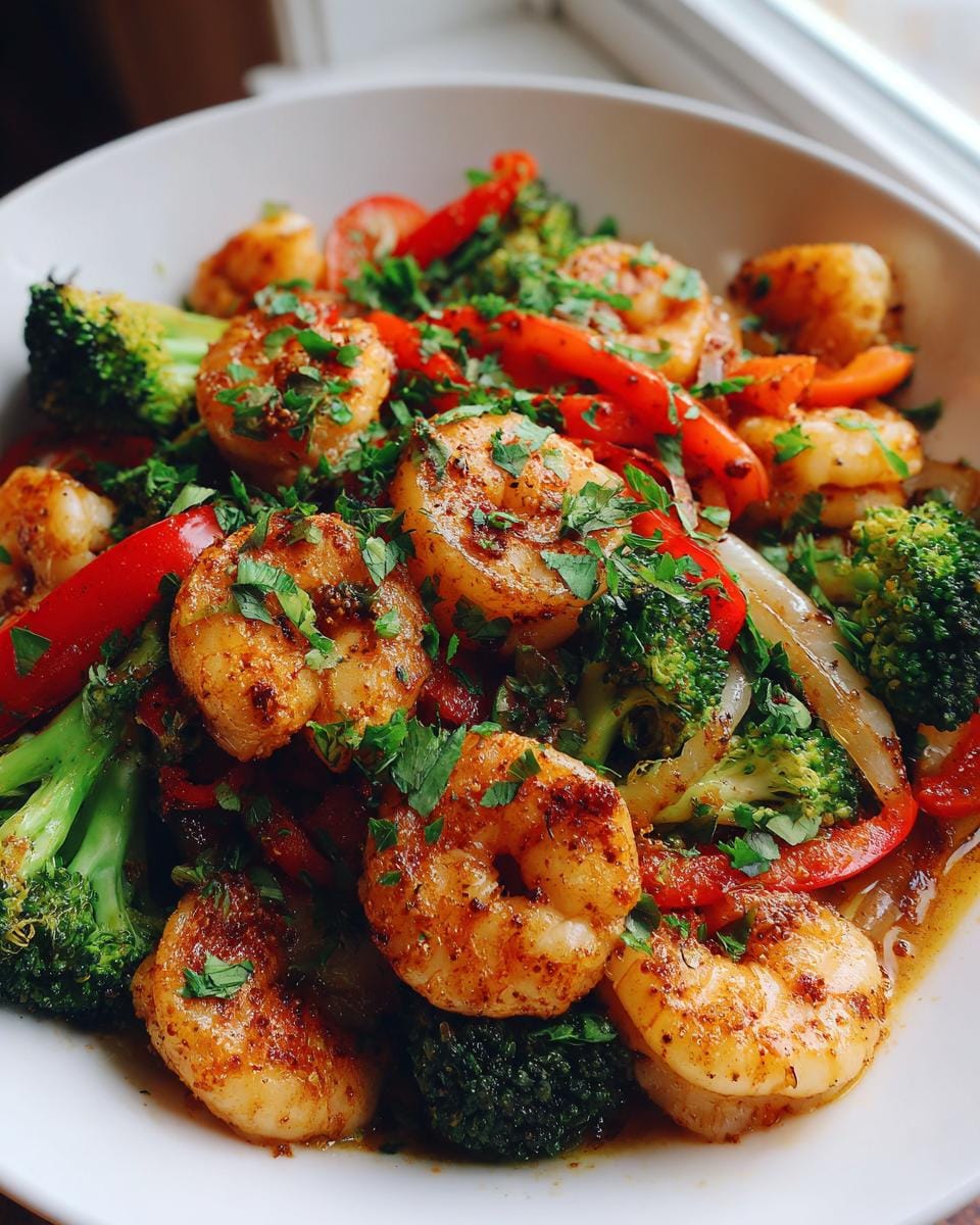 Close-up of Blackstone Garlic Butter Shrimp Stir Fry with broccoli, red peppers, and parsley.