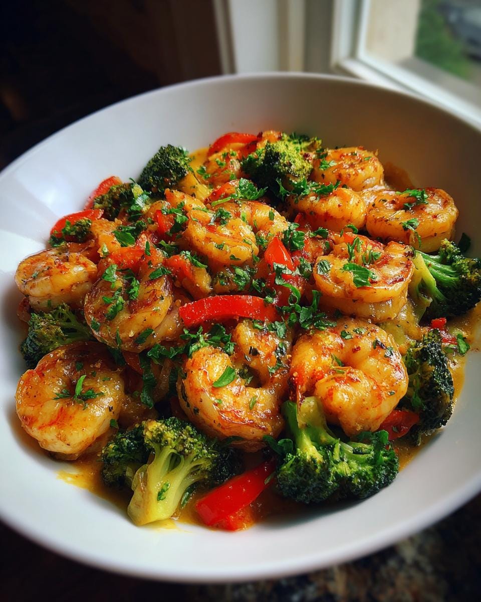 A close-up of Blackstone Garlic Butter Shrimp Stir Fry with broccoli florets and red bell peppers, garnished with parsley.