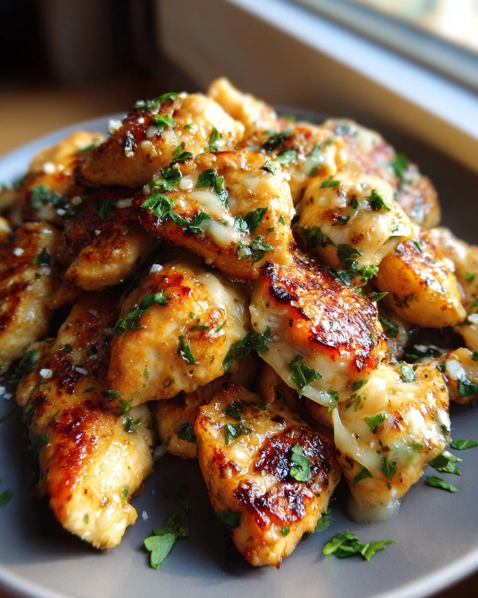 A close-up of golden-brown Blackstone Garlic Parmesan Chicken bites, generously seasoned with herbs and cheese.