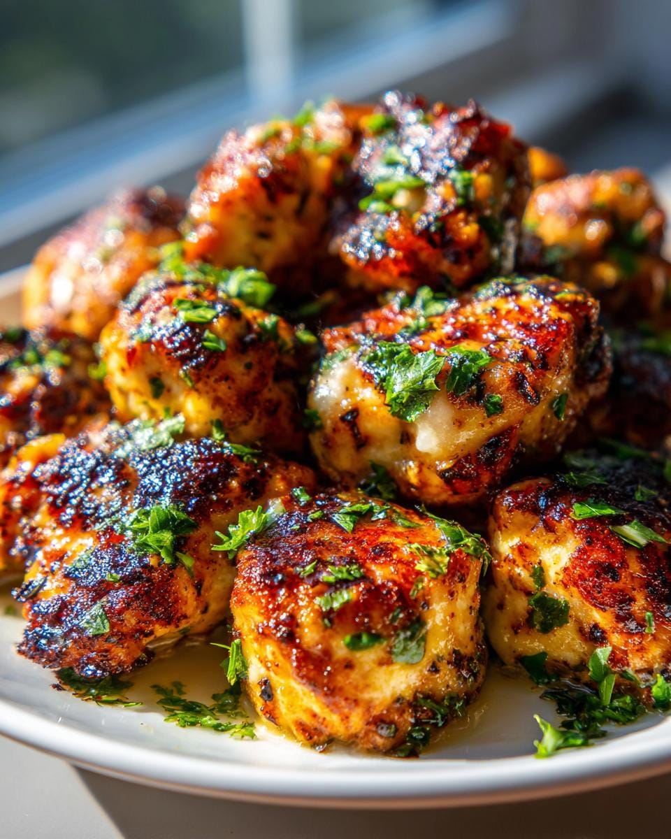 Close-up of golden-brown Blackstone Garlic Parmesan Chicken bites, garnished with fresh parsley.