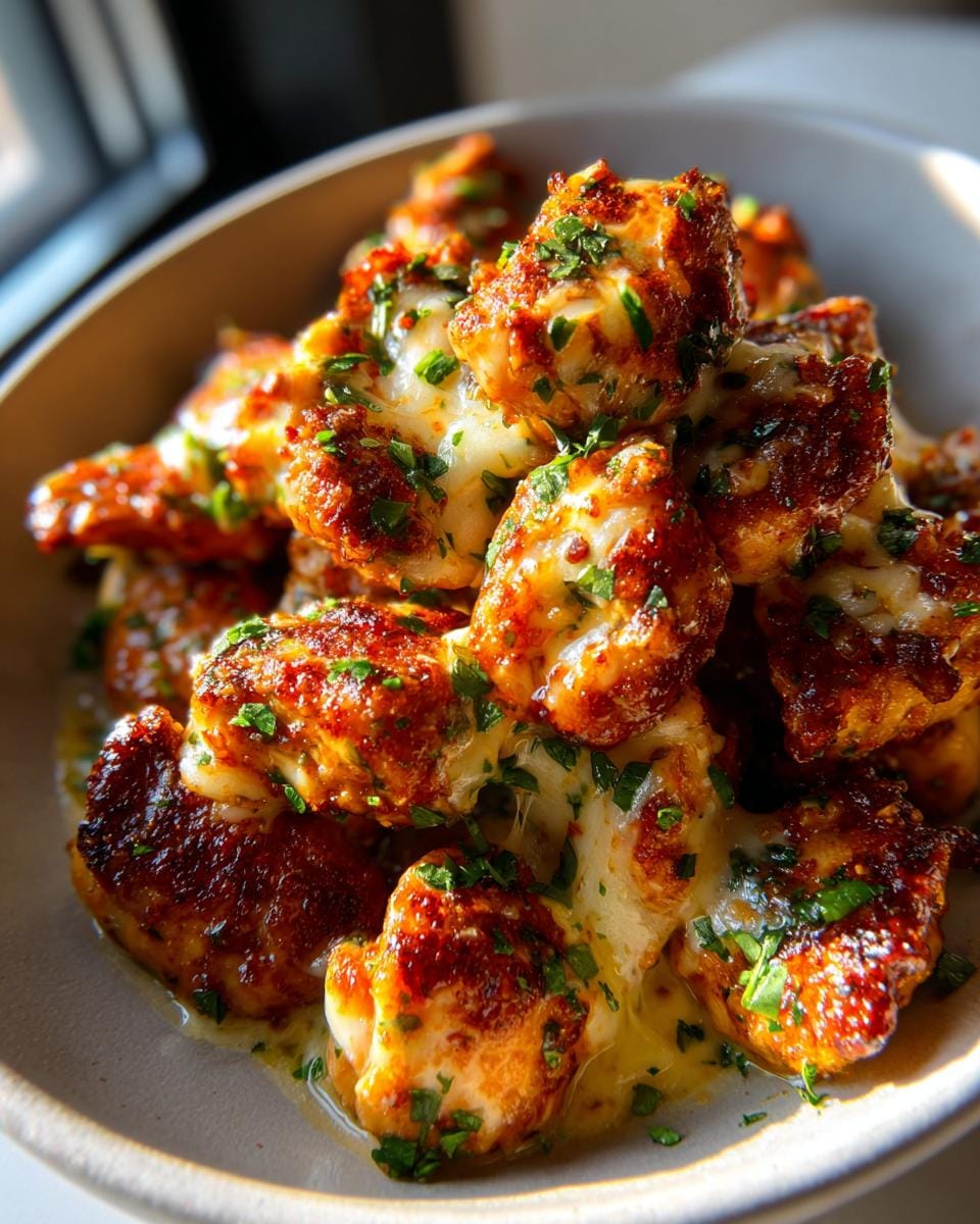 Close-up of golden-brown Blackstone Garlic Parmesan Chicken bites topped with melted cheese and parsley.