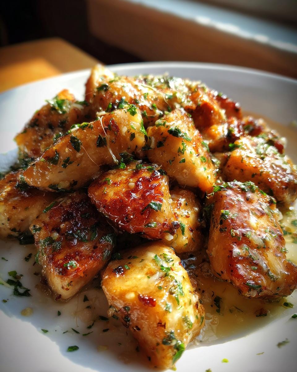 Close-up of delicious Blackstone Garlic Parmesan Chicken bites, glistening with sauce and sprinkled with parsley.