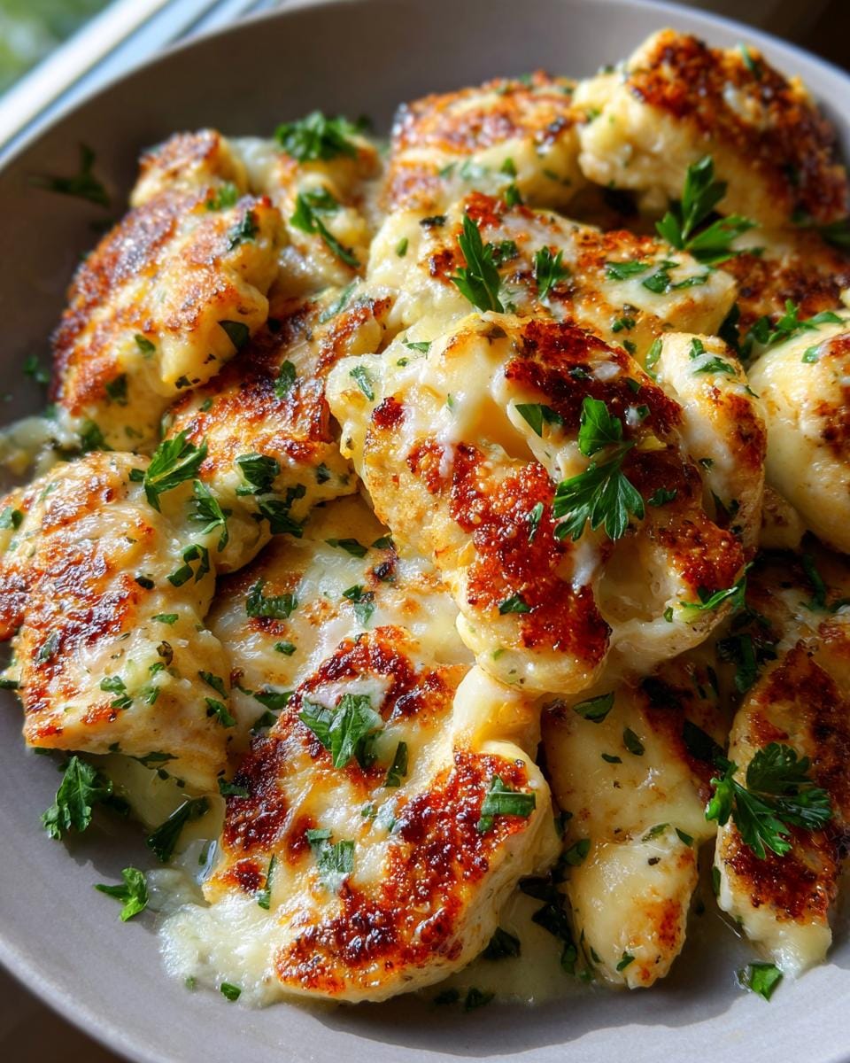 Close-up of golden-brown Blackstone Garlic Parmesan Chicken pieces, topped with melted cheese and fresh parsley.