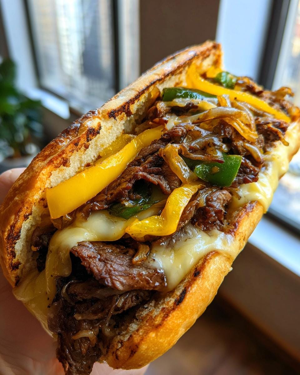 Close-up of a Blackstone Philly Cheesesteak sandwich, overflowing with steak, melted cheese, onions, and peppers.