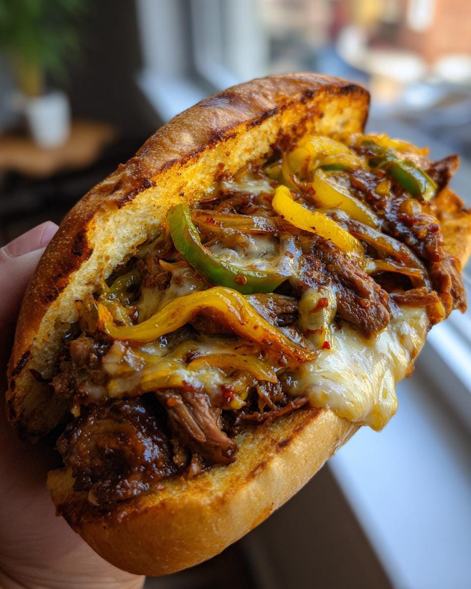 A delicious Blackstone Philly Cheesesteak sandwich overflowing with steak, melted cheese, and sautéed peppers.