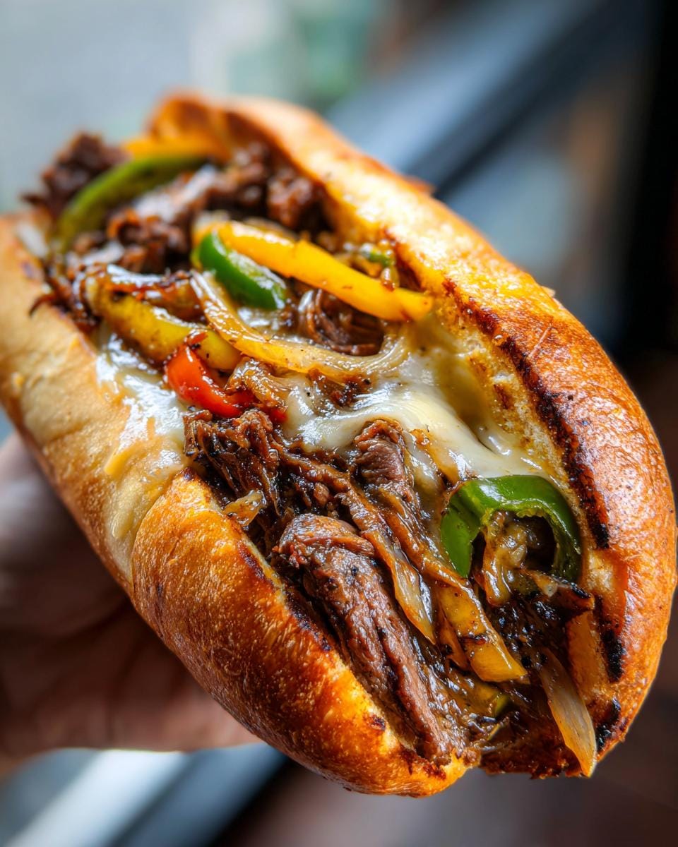 A delicious Blackstone Philly Cheesesteak sandwich filled with thinly sliced steak, melted cheese, onions, and colorful bell peppers.