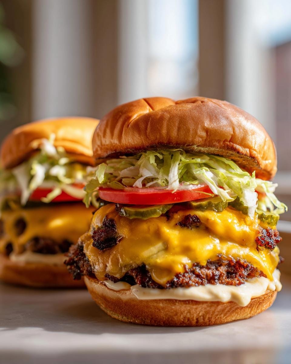 Two juicy Blackstone Smash Burgers piled high with melted cheese, lettuce, tomato, and pickles.