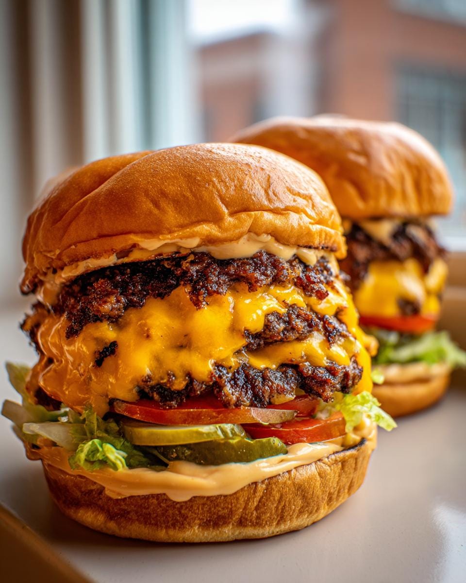 Two juicy Blackstone Smash Burgers stacked high with melted cheese, fresh lettuce, tomato, and pickles.