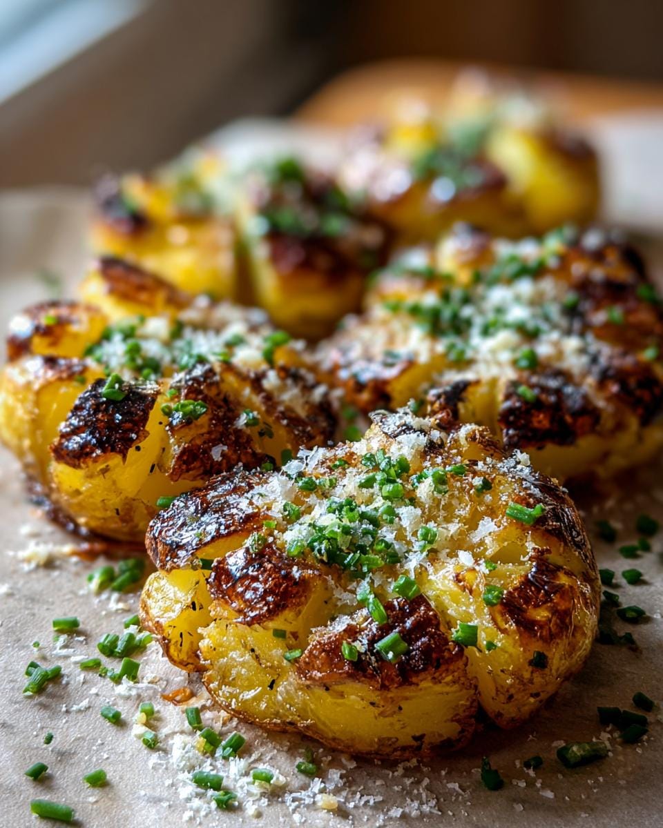 Close-up of golden brown Blackstone Smashed Potatoes topped with grated cheese and fresh chives.