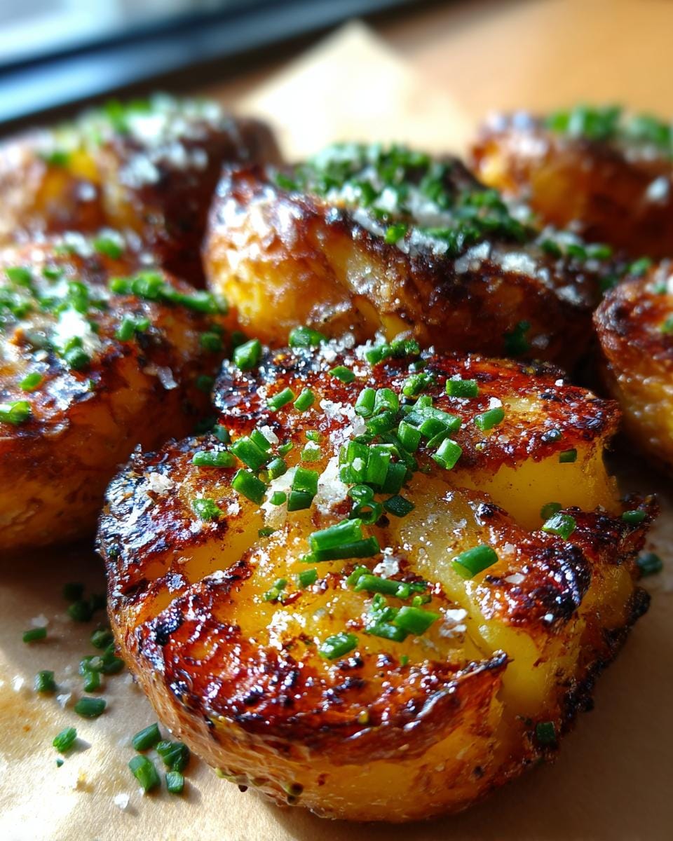 Close-up of golden brown Blackstone Smashed Potatoes topped with fresh chives and sea salt.