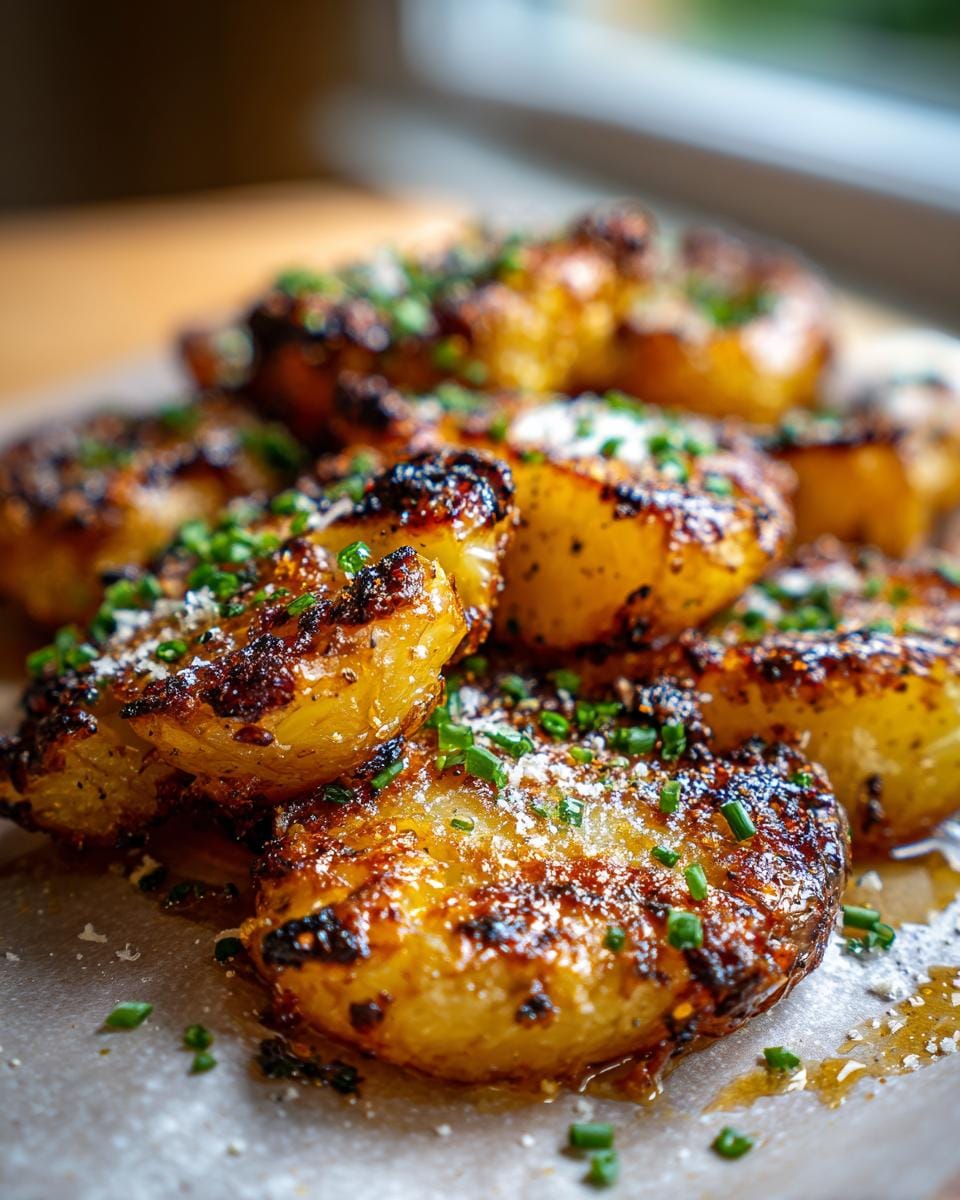 Close-up of golden-brown Blackstone Smashed Potatoes, sprinkled with fresh chives and grated cheese.