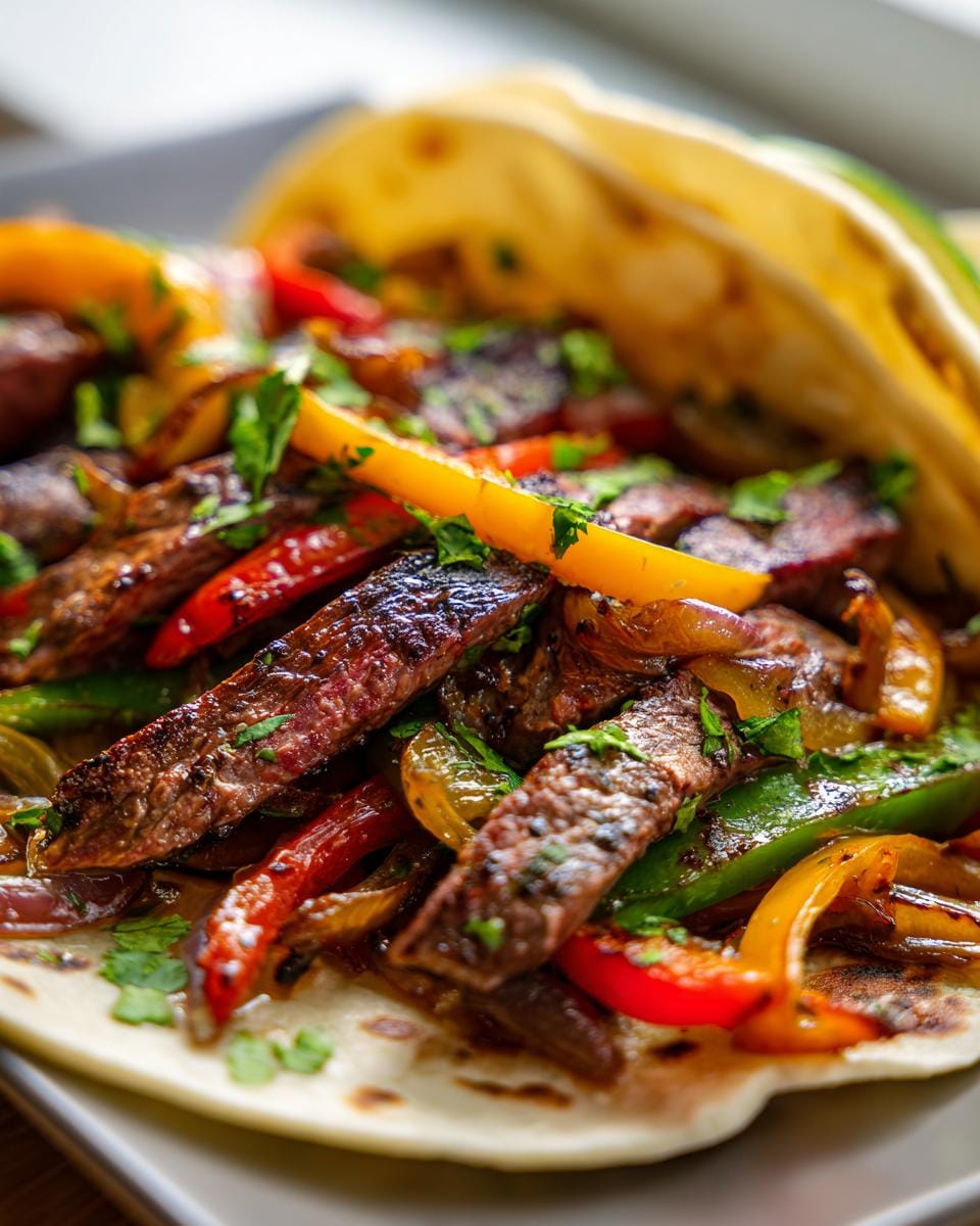 Close-up of Blackstone Steak Fajitas filled with sliced steak, colorful bell peppers, and onions, garnished with cilantro.