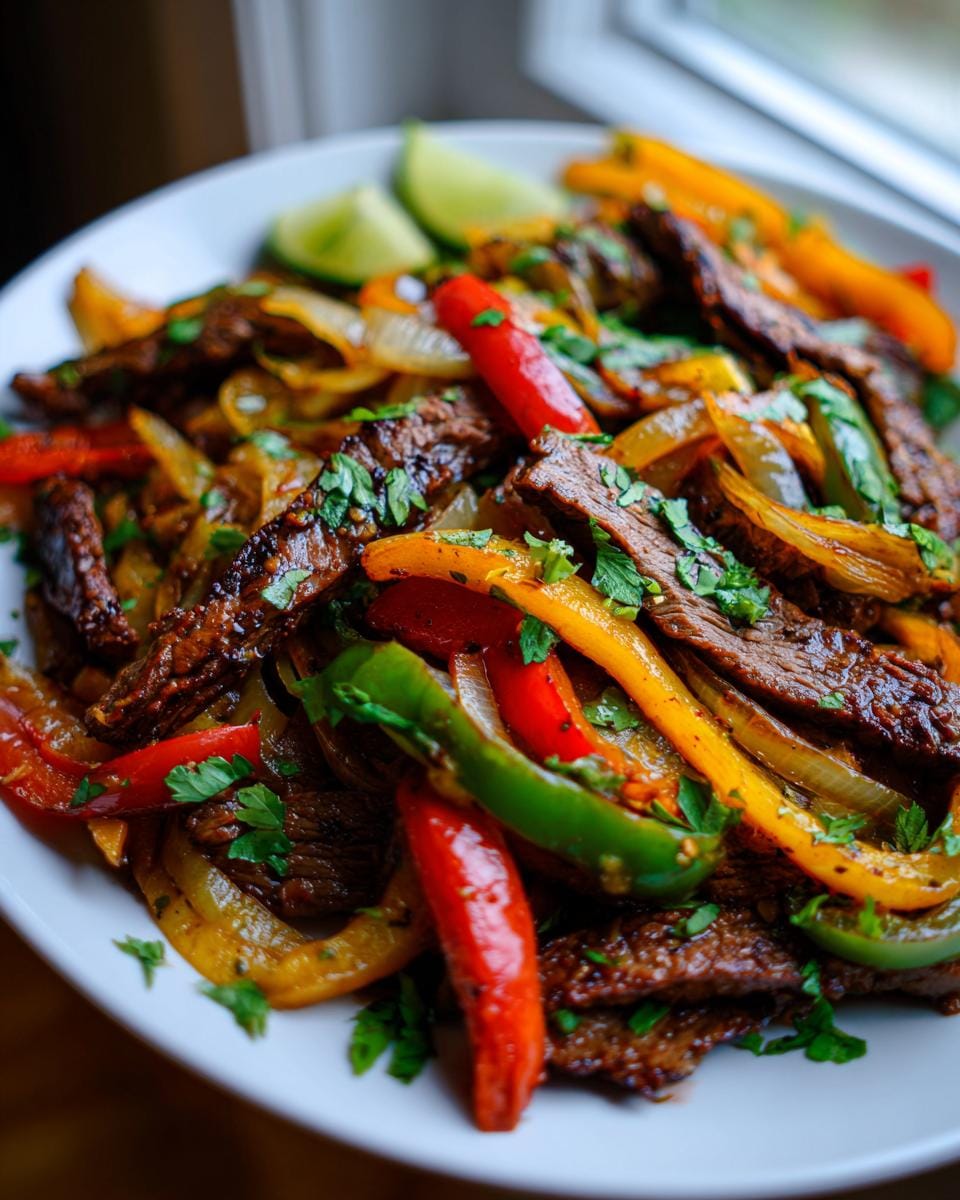 A close-up of Blackstone Steak Fajitas featuring sliced steak, colorful bell peppers, and onions, garnished with fresh cilantro and lime wedges.