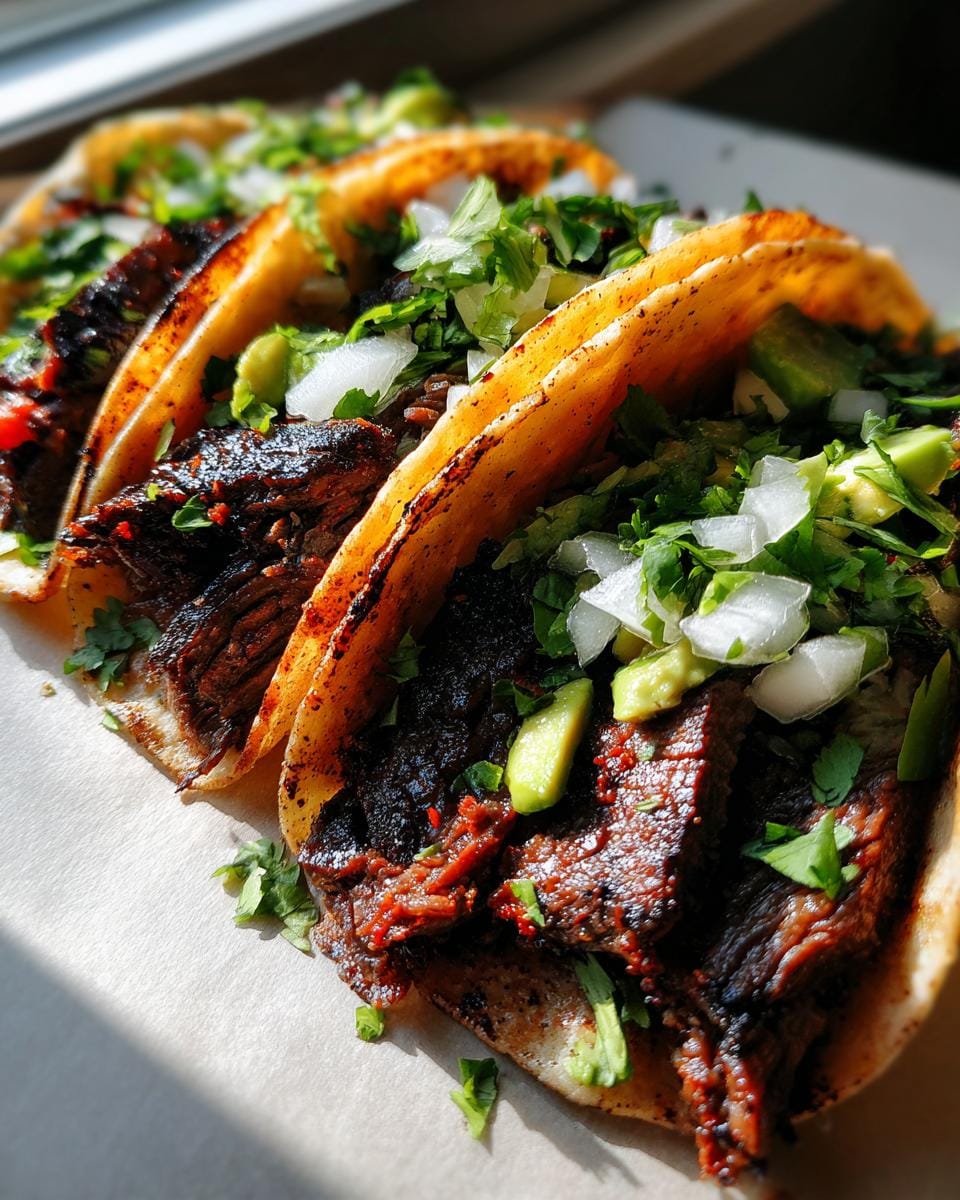 Close-up of three Blackstone Street Tacos filled with seasoned meat, avocado, onion, and cilantro.
