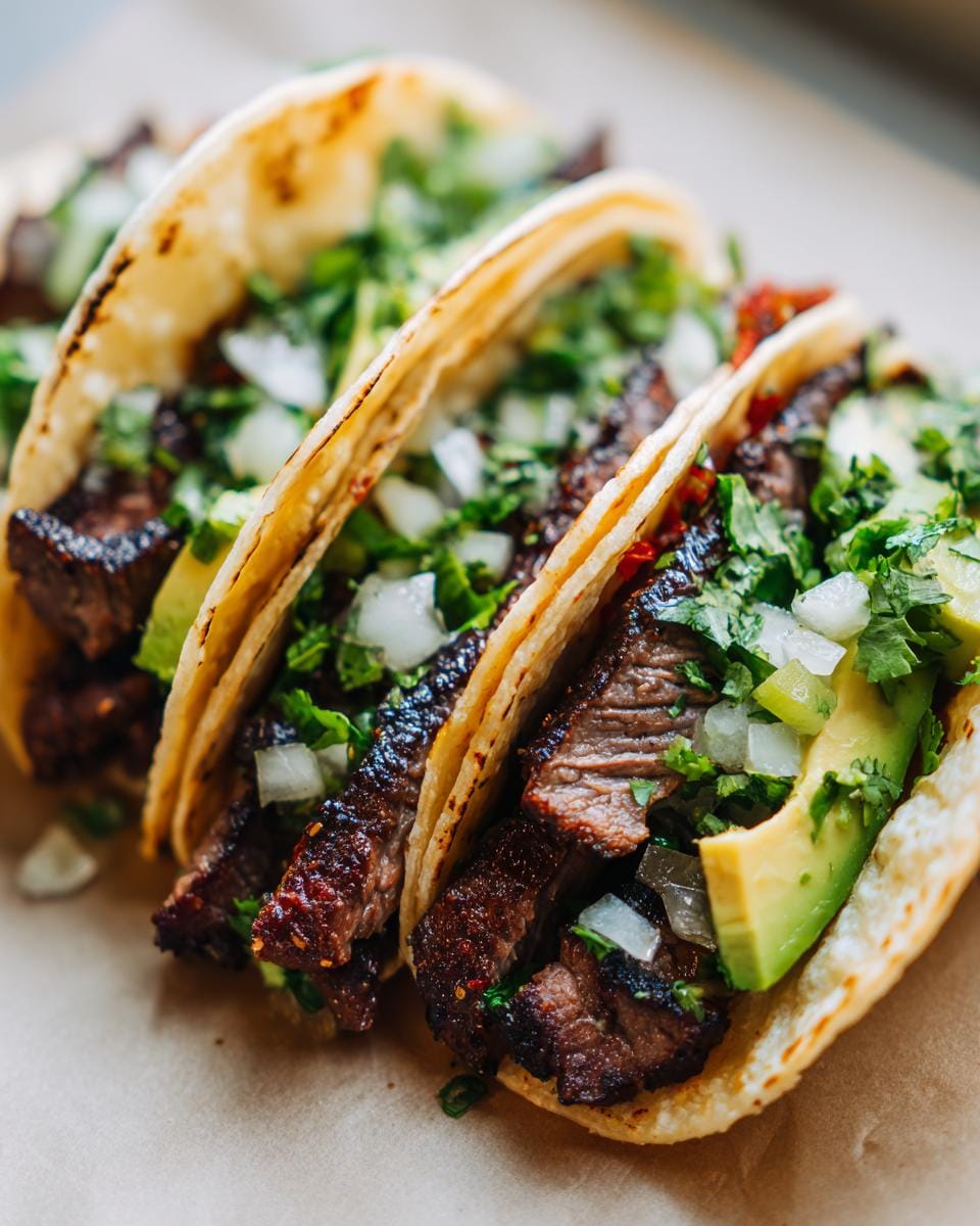 Close-up of three Blackstone Street Tacos filled with grilled steak, fresh avocado, onions, and cilantro.