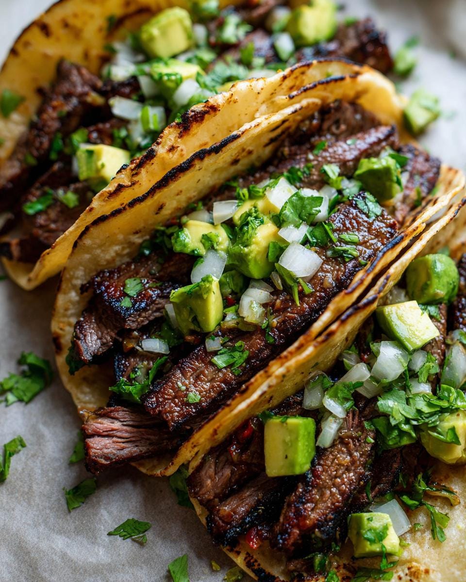 Close-up of three Blackstone Street Tacos filled with grilled steak, diced avocado, onion, and cilantro.