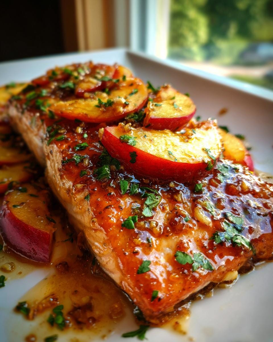 Close-up of a flaky salmon fillet glazed with a rich sauce and topped with fresh peach slices and chopped parsley for the Bourbon Peach Salmon Recipe.