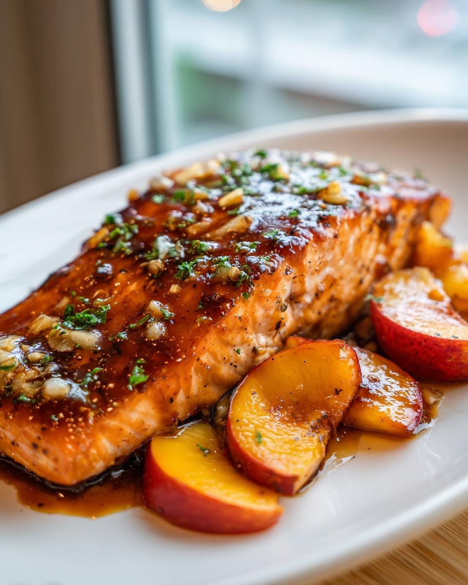 A close-up of a perfectly cooked Bourbon Peach Salmon fillet, glazed and topped with herbs, served with fresh peach slices.