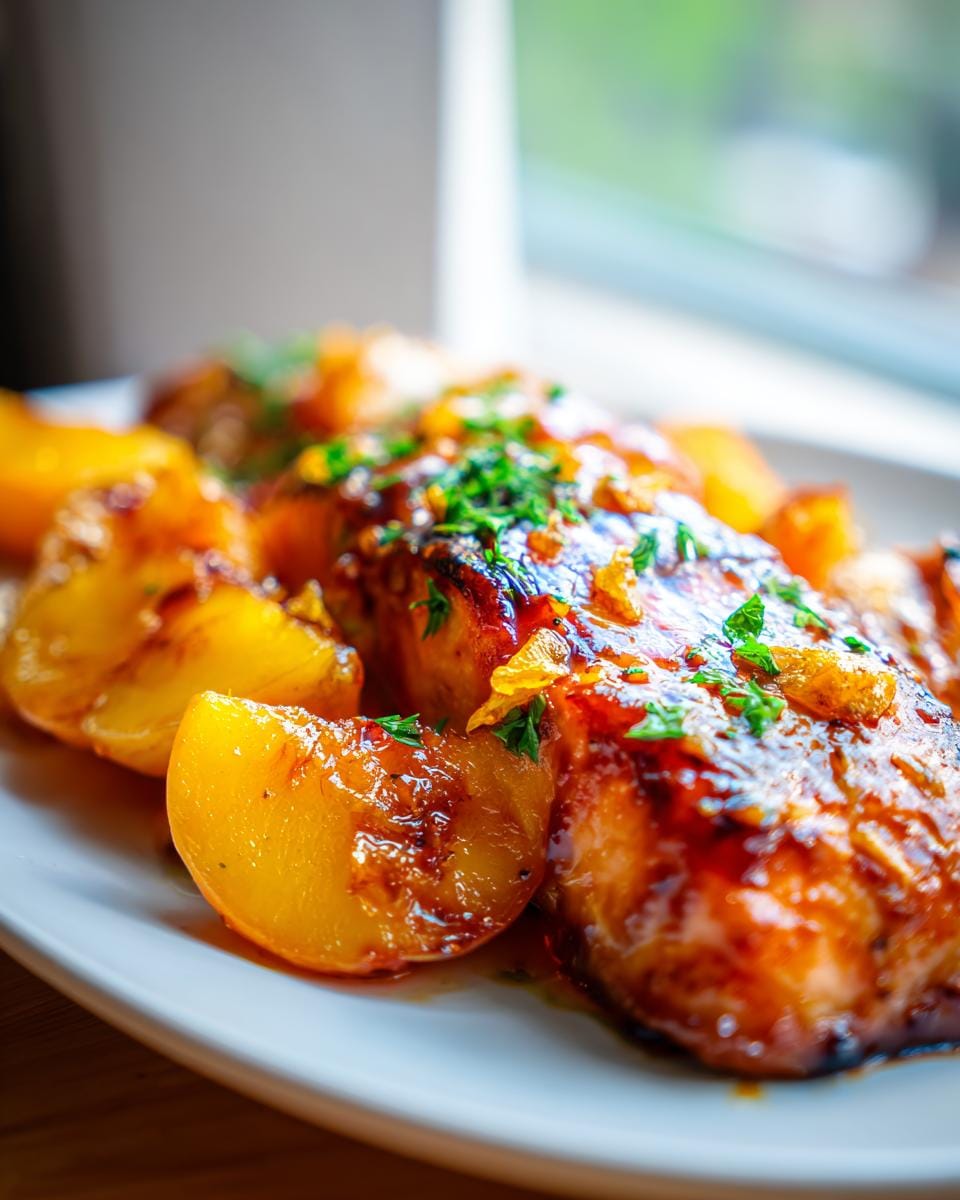 Close-up of glazed Bourbon Peach Salmon Recipe fillets served with caramelized peach slices and garnished with fresh parsley.