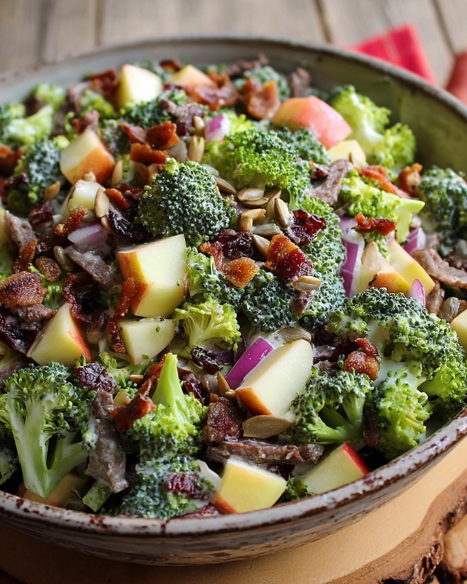 A close-up of a vibrant Broccoli Apple Salad Sweet Crunchy Side dish, featuring fresh broccoli florets, diced apples, crispy bacon, and sunflower seeds.