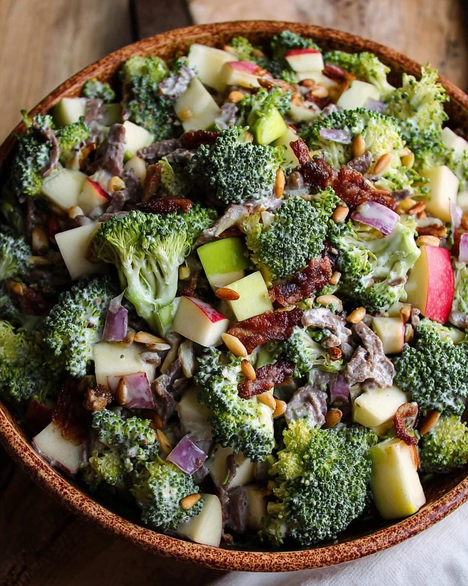 A close-up of a Broccoli Apple Salad with crunchy bacon, red onion, and pine nuts in a creamy dressing.