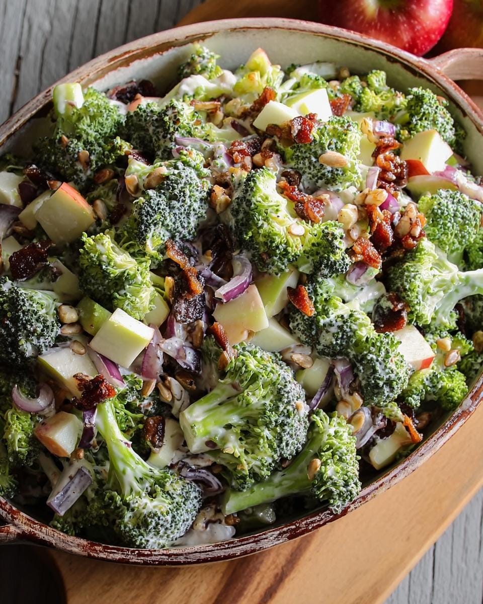 A close-up of a bowl filled with Broccoli Apple Salad, showcasing fresh broccoli florets, diced apples, red onion, and a creamy dressing.