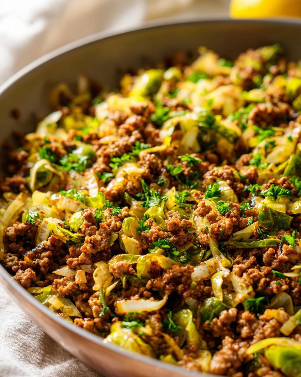 Close-up of a savory Brussels Sprouts Ground Turkey Skillet, garnished with fresh parsley.