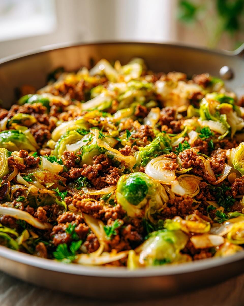Close-up of a hearty Brussels Sprouts Ground Turkey Skillet with fresh parsley.