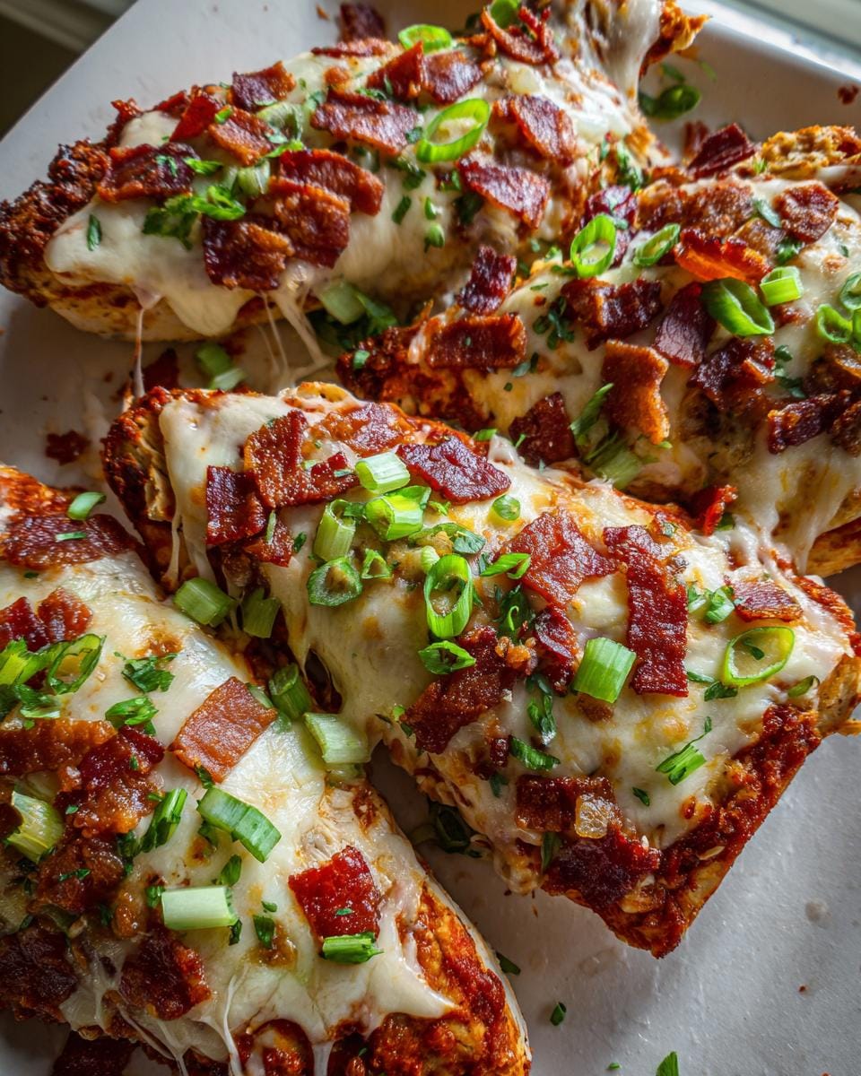 Close-up of Buffalo Chicken Bacon Mozzarella bites topped with crispy bacon and green onions.