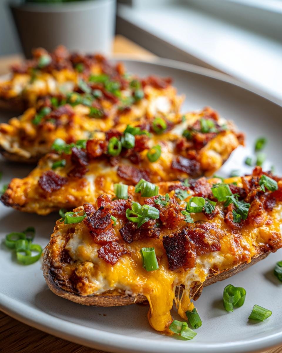 Close-up of Buffalo Chicken Bacon Mozzarella loaded potato skins topped with melted cheese, crispy bacon, and green onions.