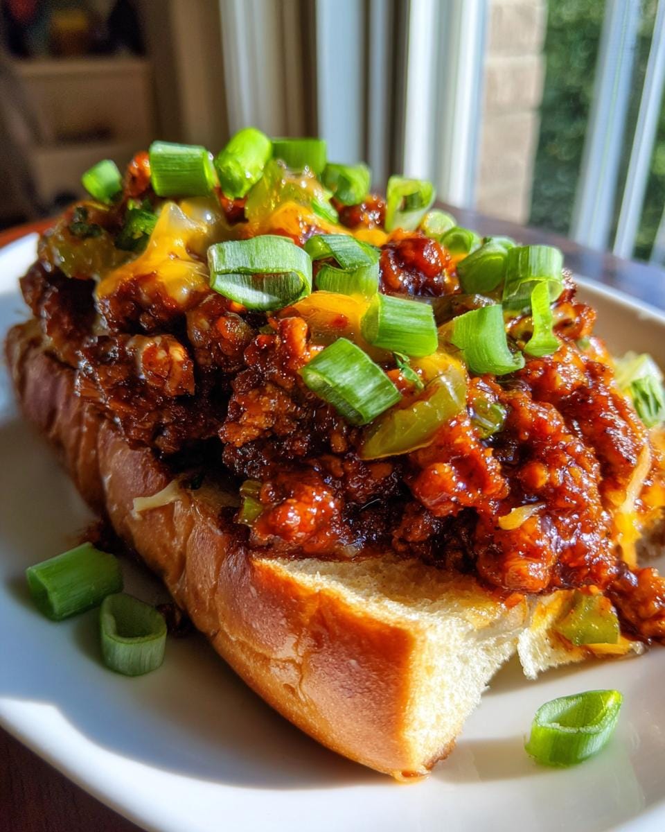 A close-up of a delicious Cajun Chicken Sloppy Joe on a bun, topped with melted cheese and green onions.