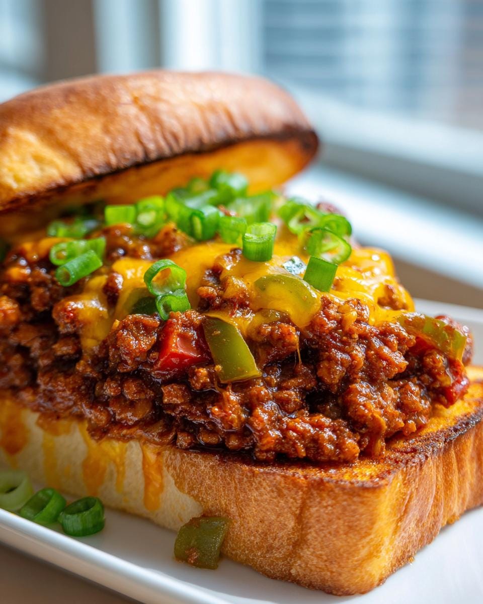 A close-up of Cajun Chicken Sloppy Joes served open-faced on toasted bread, topped with melted cheese and green onions.