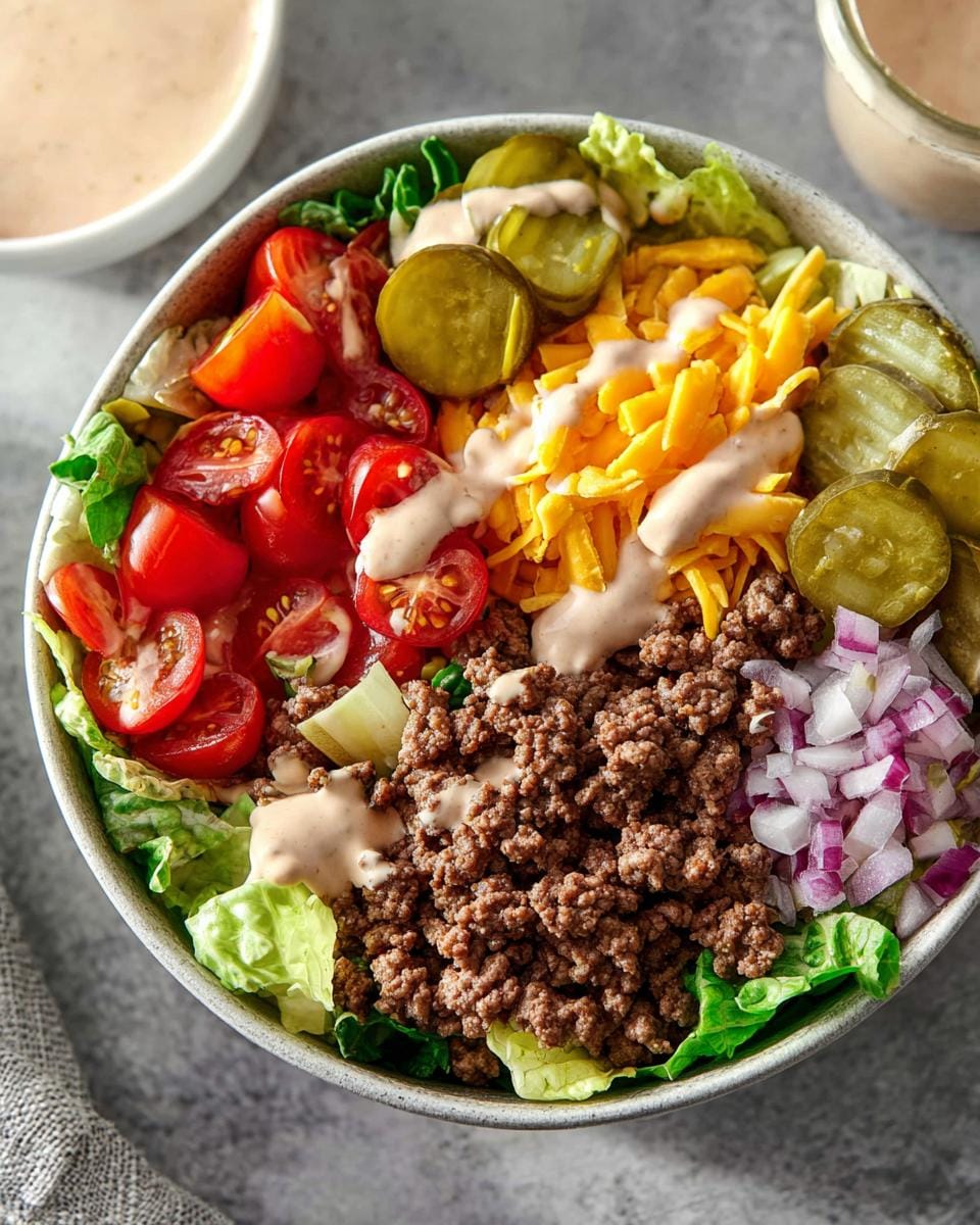 A close-up overhead view of an Easy High Protein Cheeseburger Bowl Dinner with ground beef, lettuce, tomatoes, cheese, pickles, and dressing.