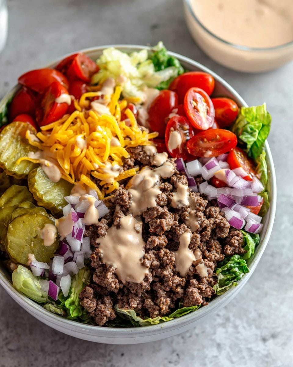 A close-up of an Easy High Protein Cheeseburger Bowl Dinner with seasoned ground beef, lettuce, tomatoes, pickles, onions, and shredded cheese.