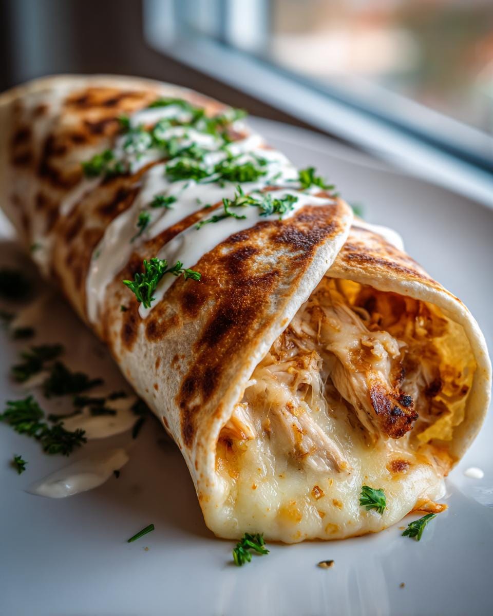 A close-up of a delicious Cheesy Garlic Chicken Wrap, showing melted cheese and shredded chicken inside a grilled tortilla, drizzled with sauce and parsley.