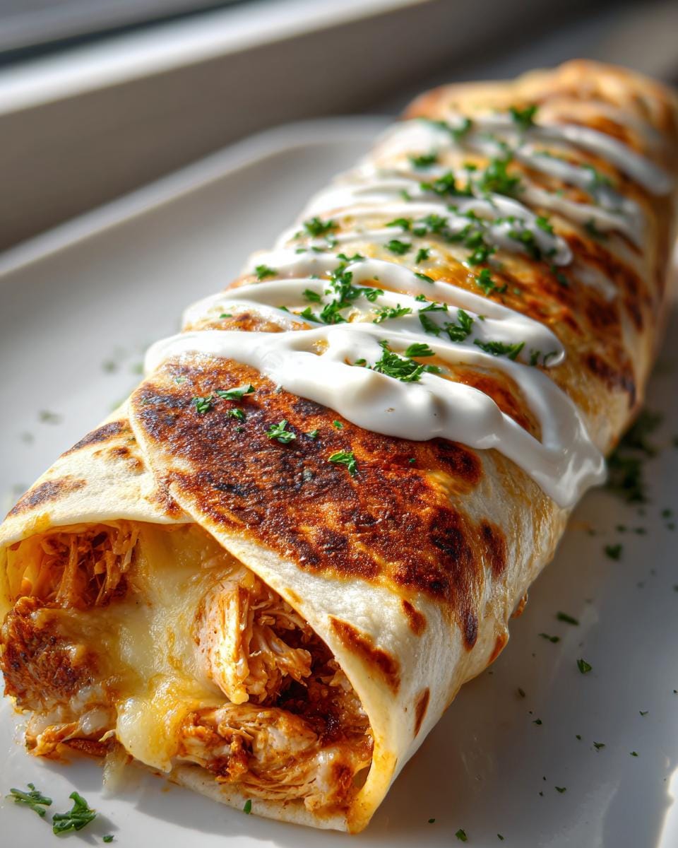 Close-up of a golden-brown Cheesy Garlic Chicken Wrap drizzled with sour cream and garnished with parsley.