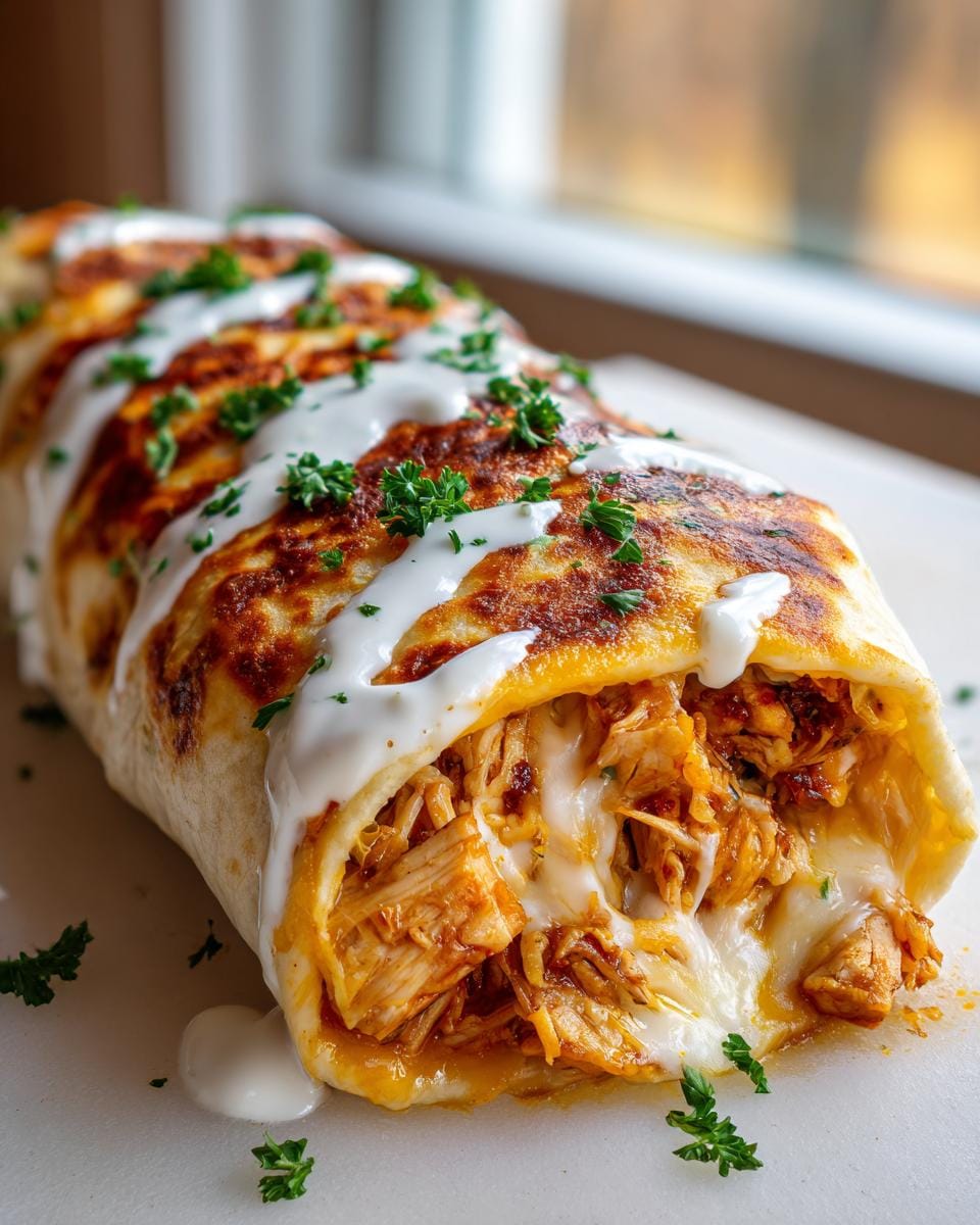 A close-up of a cheesy garlic chicken wrap, drizzled with sauce and garnished with parsley.