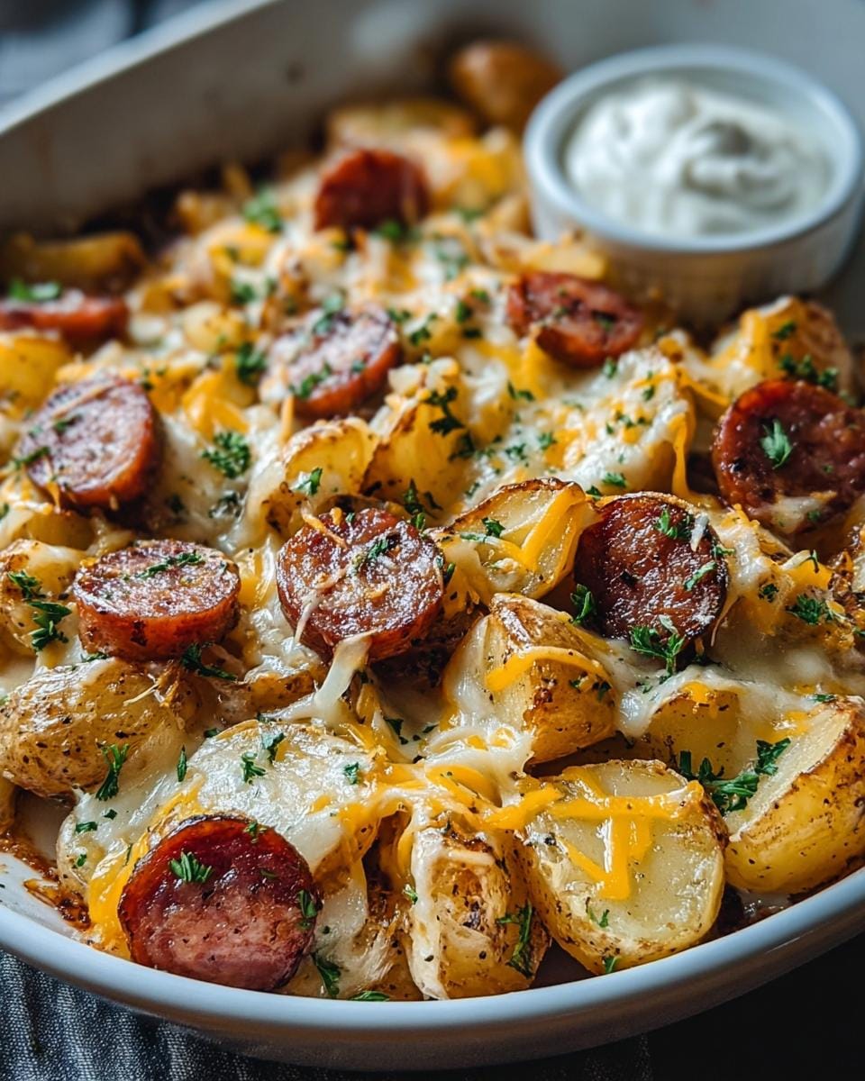 Close-up of a Cheesy Ranch Potatoes and Sausage Bake, featuring golden potatoes, sliced sausage, melted cheese, and parsley.