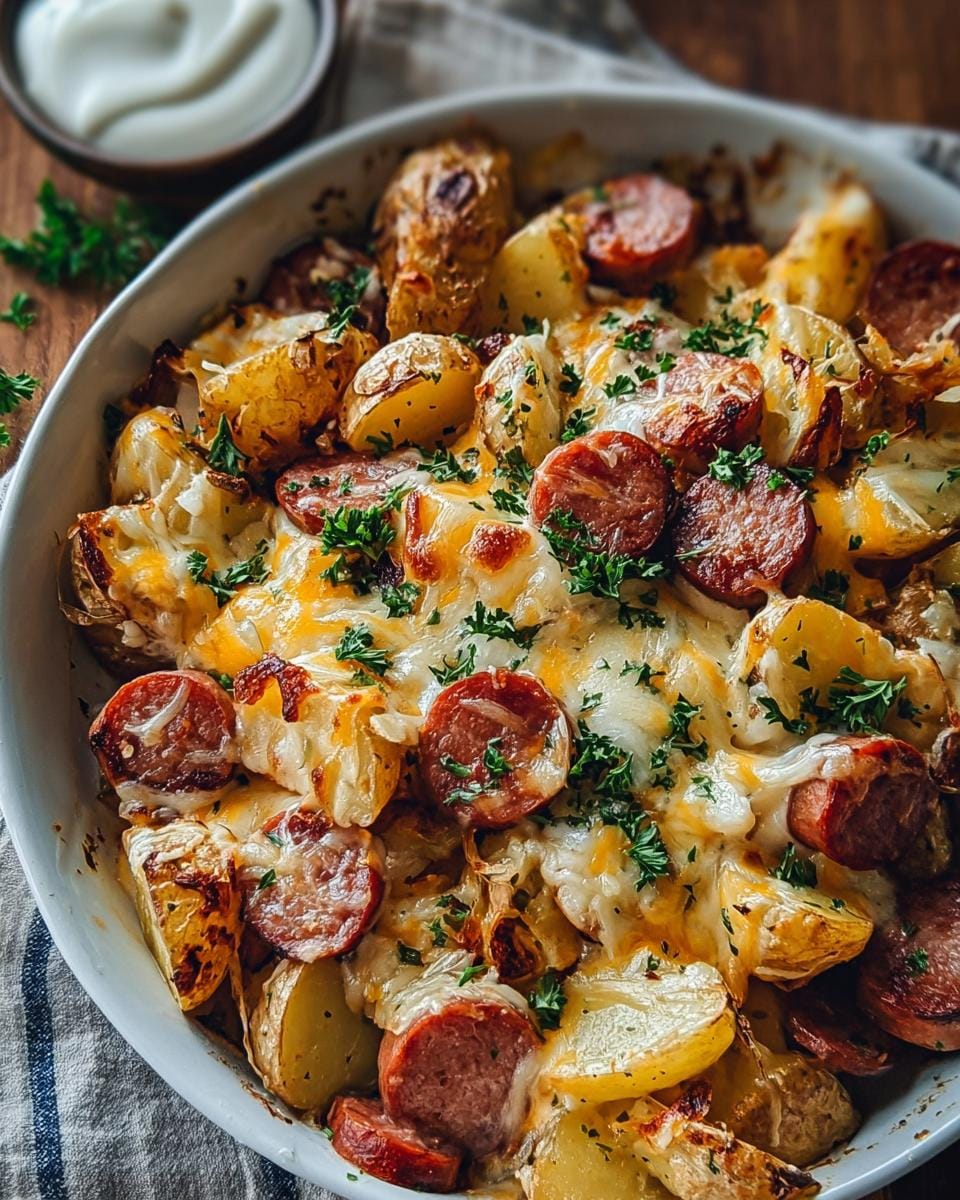 Close-up of a Cheesy Ranch Potatoes and Sausage Bake in a white dish, topped with melted cheese and parsley.