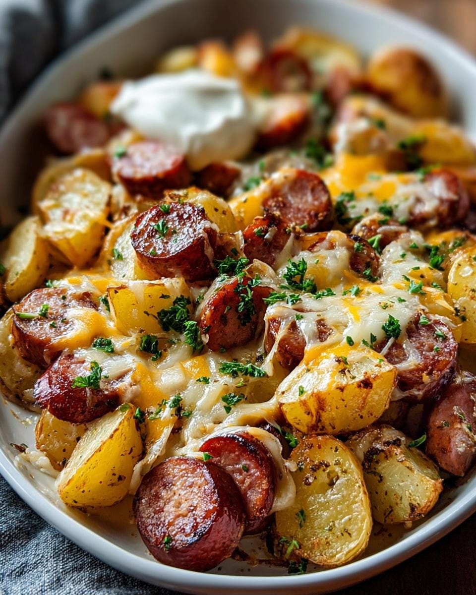 Close-up of Cheesy Ranch Potatoes and Sausage Bake with melted cheese and fresh parsley.