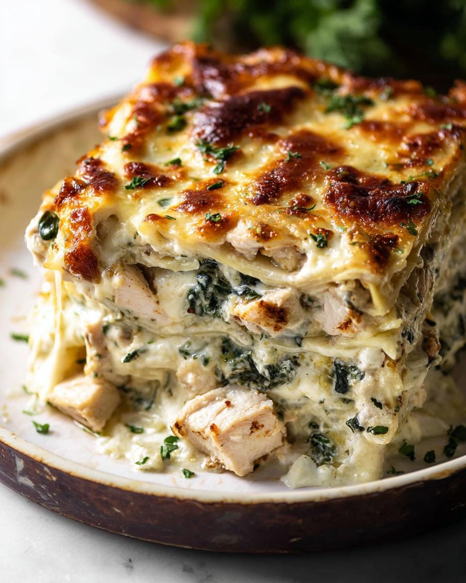 A thick slice of Chicken Alfredo Lasagna Creamy Cheesy Bake, layered with pasta, chicken, spinach, and rich alfredo sauce, topped with melted cheese.