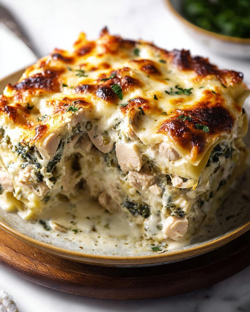 A slice of Chicken Alfredo Lasagna Creamy Cheesy Bake, showing layers of pasta, chicken, spinach, and creamy Alfredo sauce, topped with melted cheese.